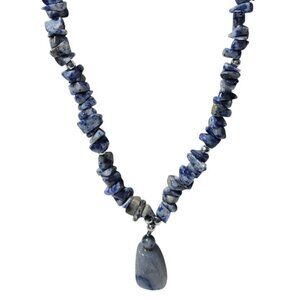Boho Blue Sodalite Chip Beaded Pendant Necklace Intuition Insight Spiritual